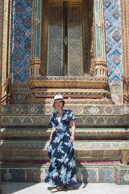 Navy Floral Wrap Dress for Cultural Sightseeing — Thailand Outfits