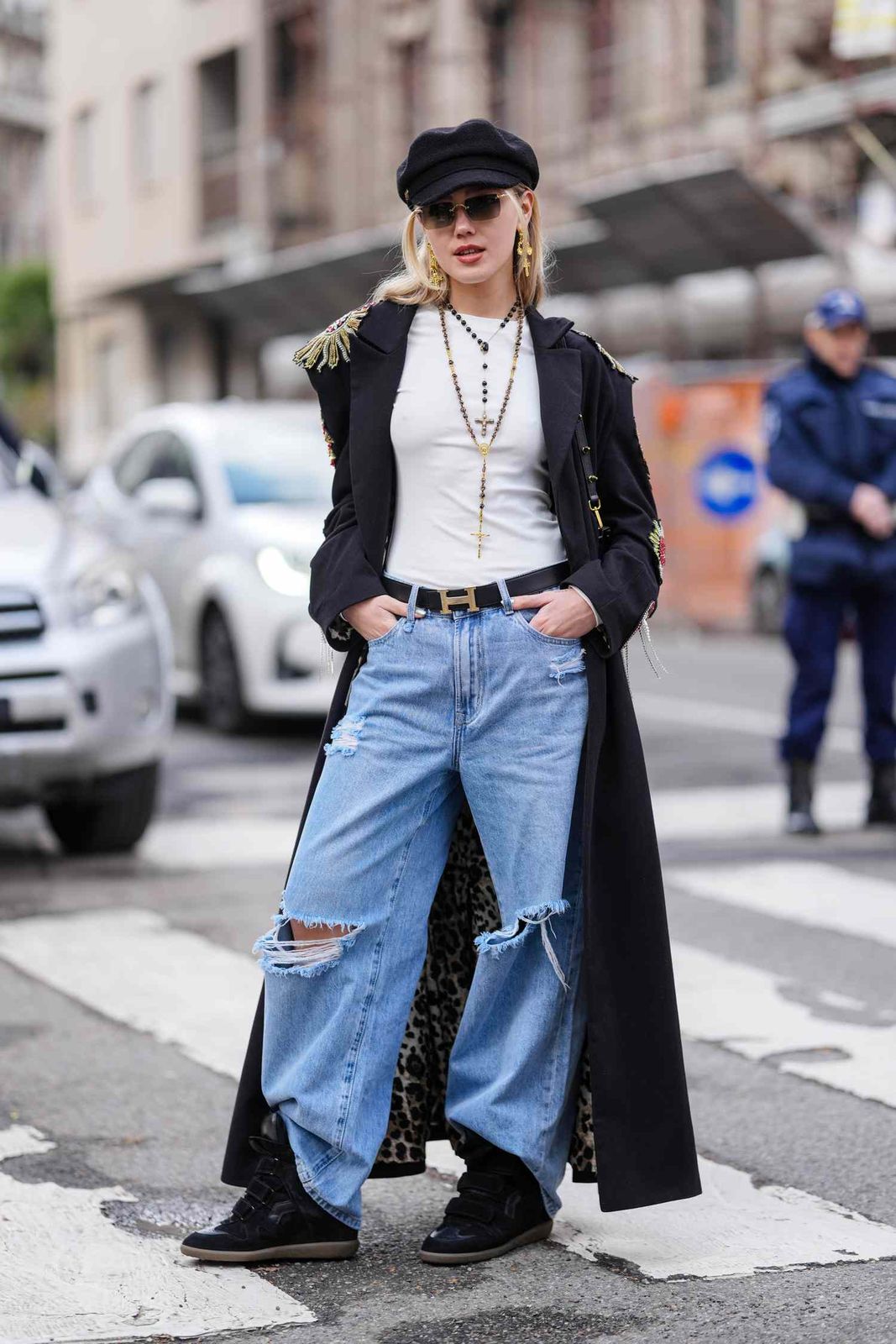 Statement Style: Distressed Wide Leg Jeans with Long Coat — Light Wash Jeans Outfits