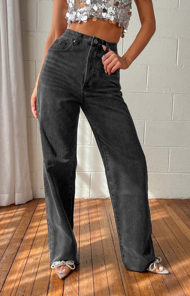 Party Ready: Dark Grey Wide Leg Jeans with Sparkly Crop Top — Straight Leg Jeans