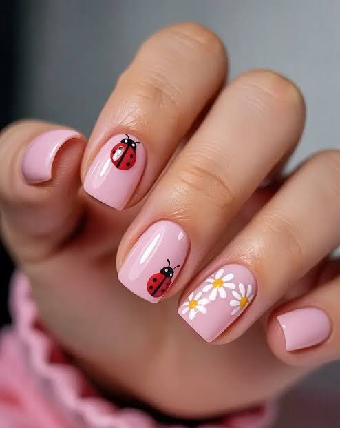 Short Oval Pink with Ladybug Stickers — Ladybug Nails
