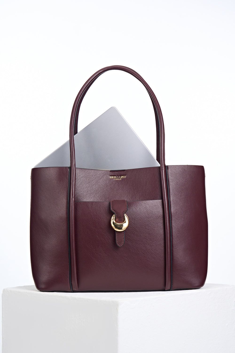 Burgundy Leather Tote with Gold Ring Detail — Laptop Bags for Women
