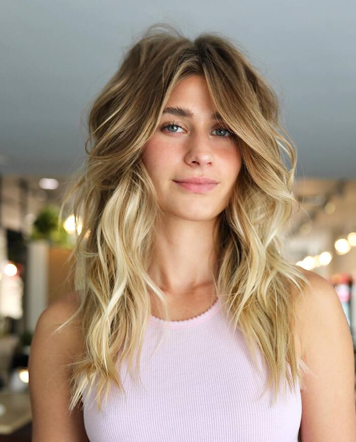Textured Blonde Lob with Pink Tank Textured Blonde Lob with Pink Tank — Curtain Bangs