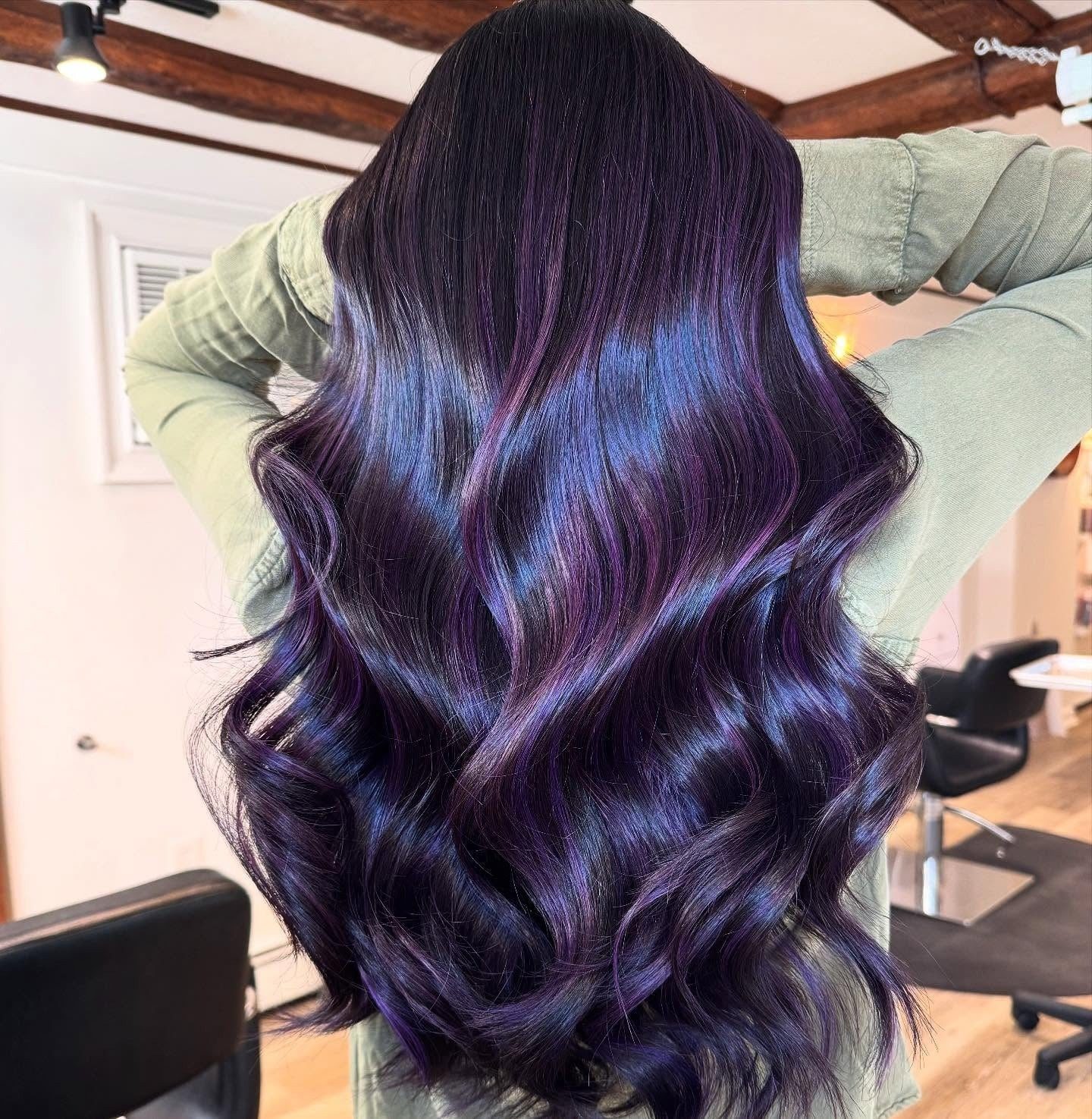 Deep Purple Highlights Woven Through Black Hair Deep Purple Highlights Woven Through Black Hair — Purple Highlights on Black Hair
