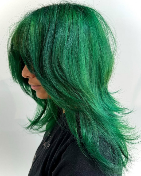 Vivid Green Layered Shag — Green Hair