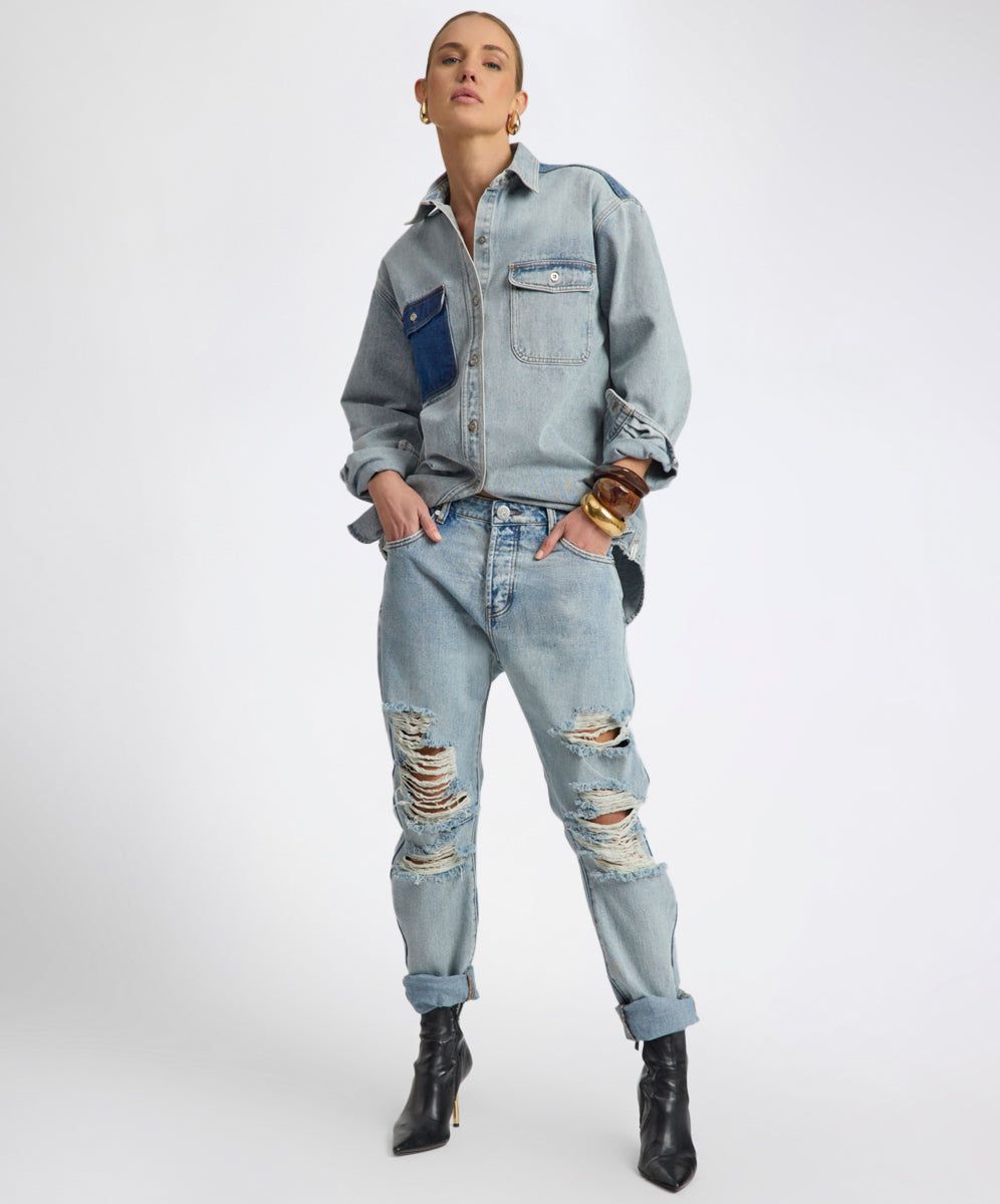 Ripped Denim Meets Oversized Shirt Ripped Denim Meets Oversized Shirt — Boyfriend Jeans