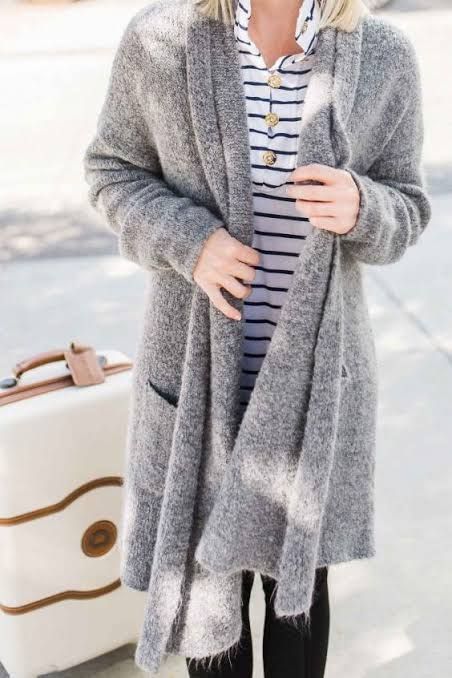 Grey Knit Cardigan with Striped Top and Leggings — Long Flight Outfits