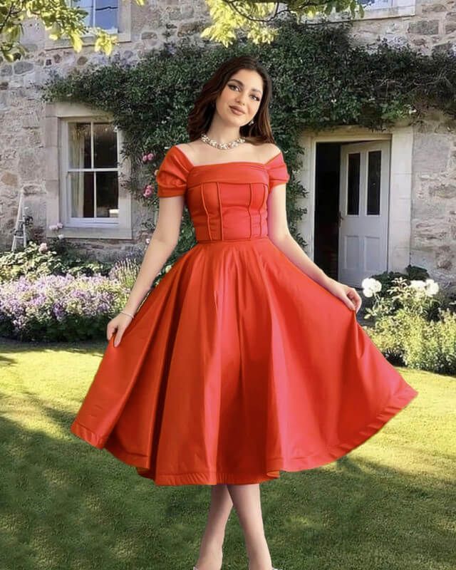 Vibrant Orange Off-the-Shoulder Fit-and-Flare Dress for Parties — Knee Length Dresses