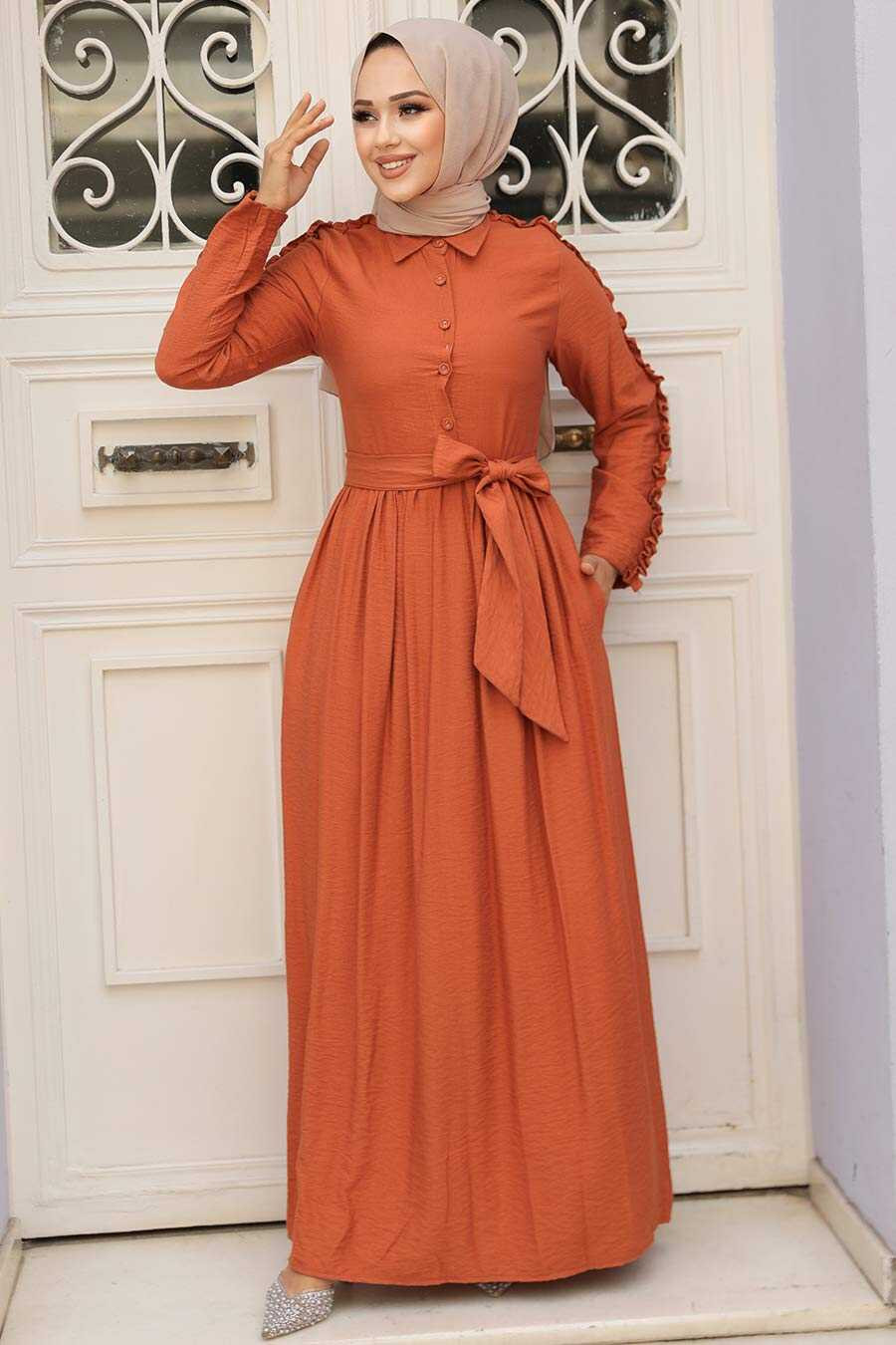 Textured Orange Dress with Beige Hijab and Ruffled Sleeves — Hijab Outfits