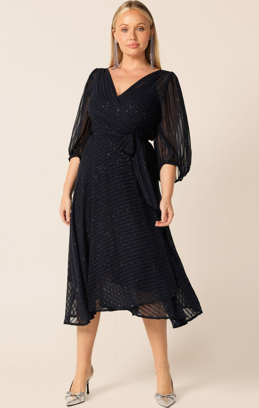 Sparkly Navy Wrap Dress for Evening — Dresses for Pear Shape