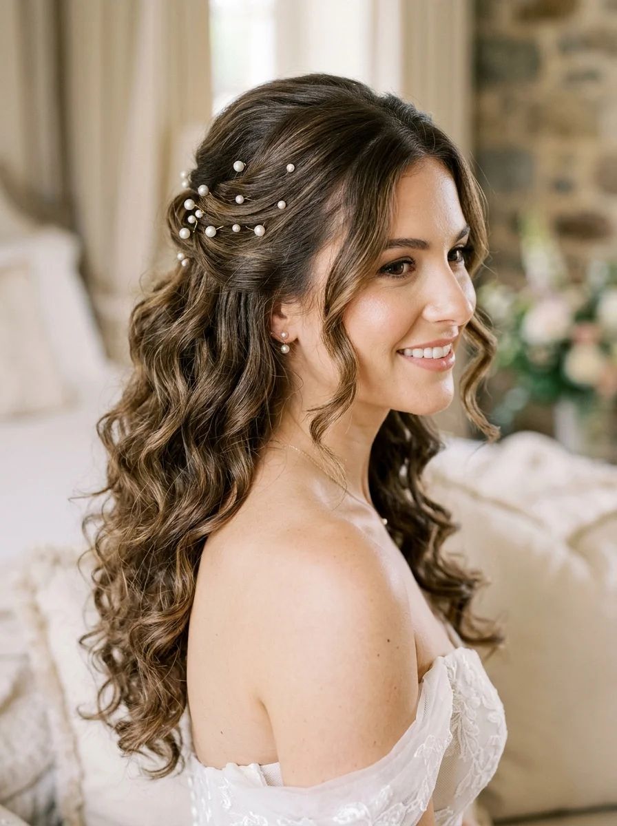 Dark Brown Half Up With Pearl Accents — Half Up Half Down with Curls