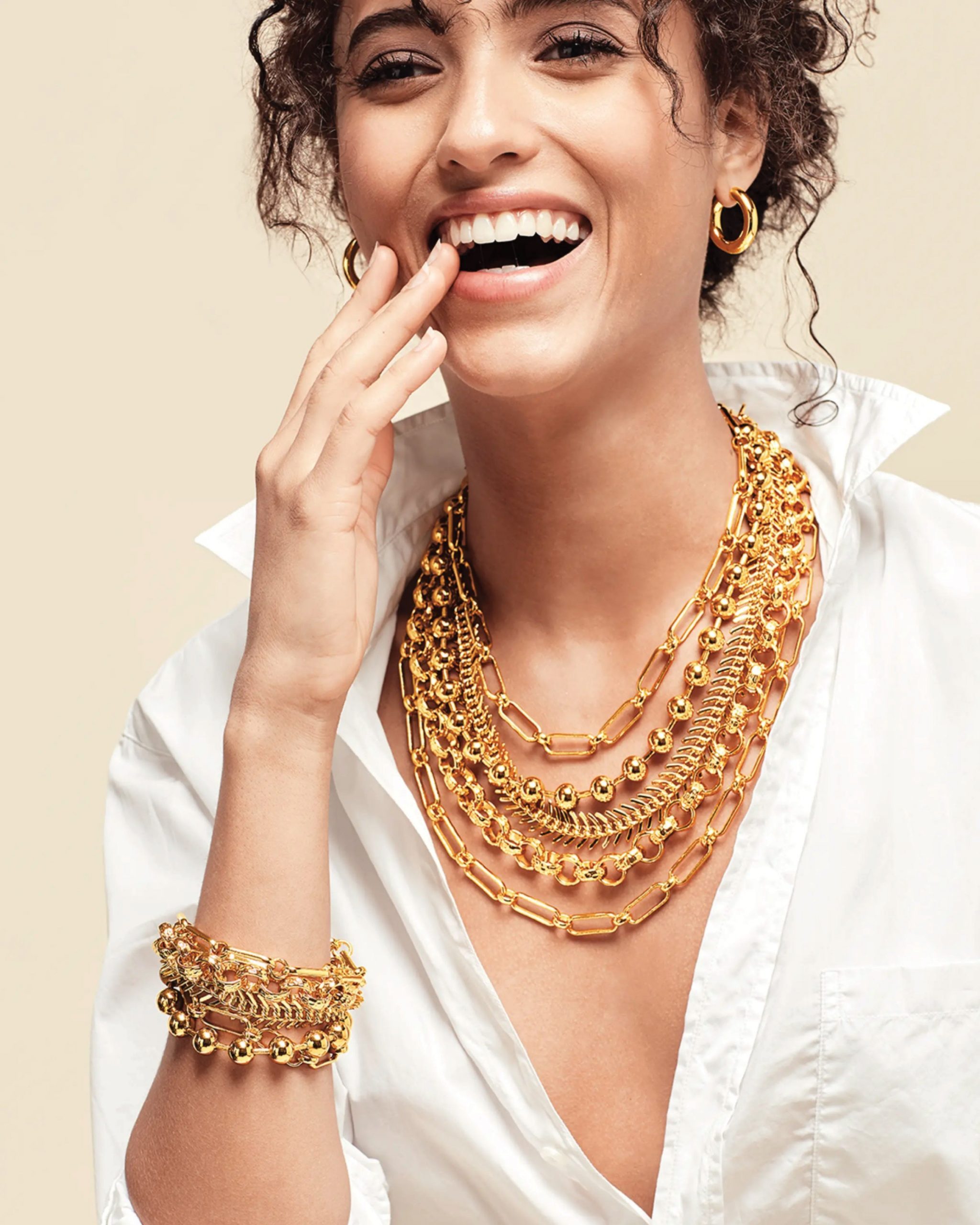 White Collared Shirt Outfit Idea White Collared Shirt Outfit Idea — Layered Necklaces