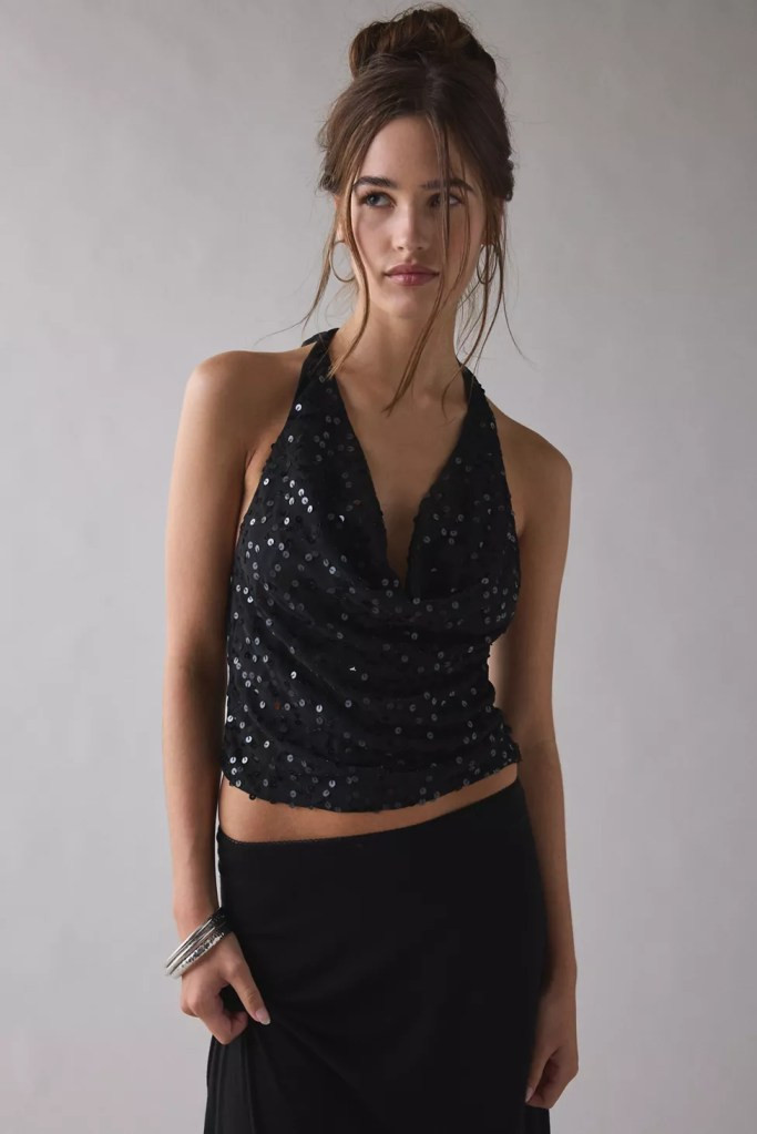 Sequined Halter Top with Maxi Skirt and Patent Loafers Sequined Halter Top with Maxi Skirt and Patent Loafers — Urban Outfitters Outfits