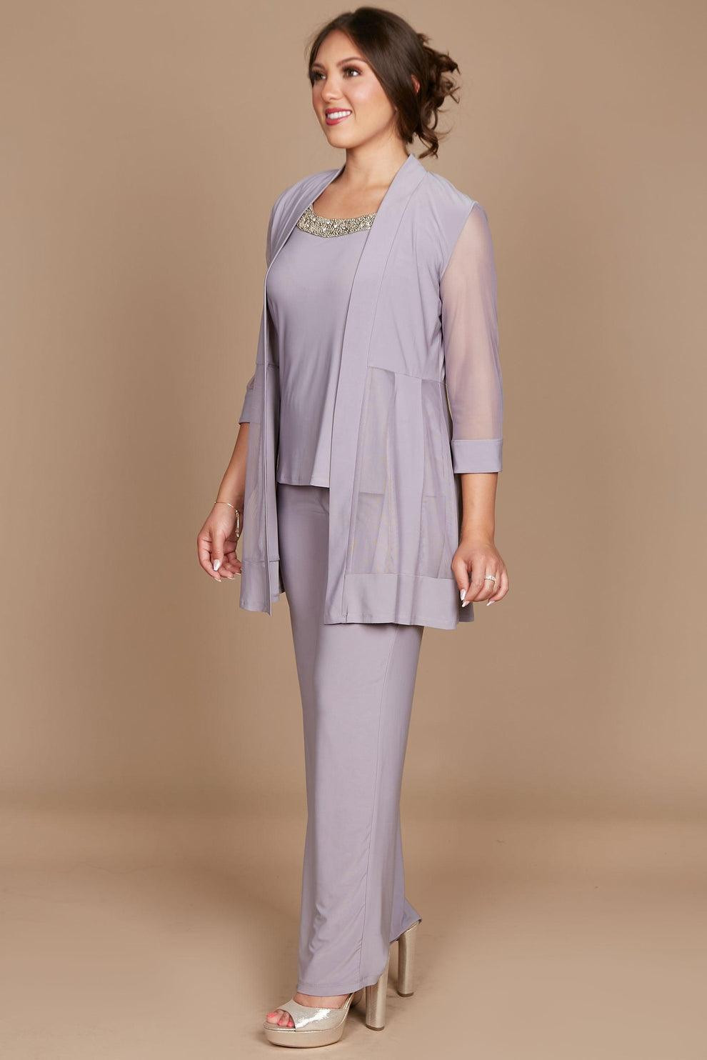 Lilac Jersey Pantsuit with Embellished Neckline and Sheer Jacket Lilac Jersey Pantsuit with Embellished Neckline and Sheer Jacket — Semi Formal Outfits