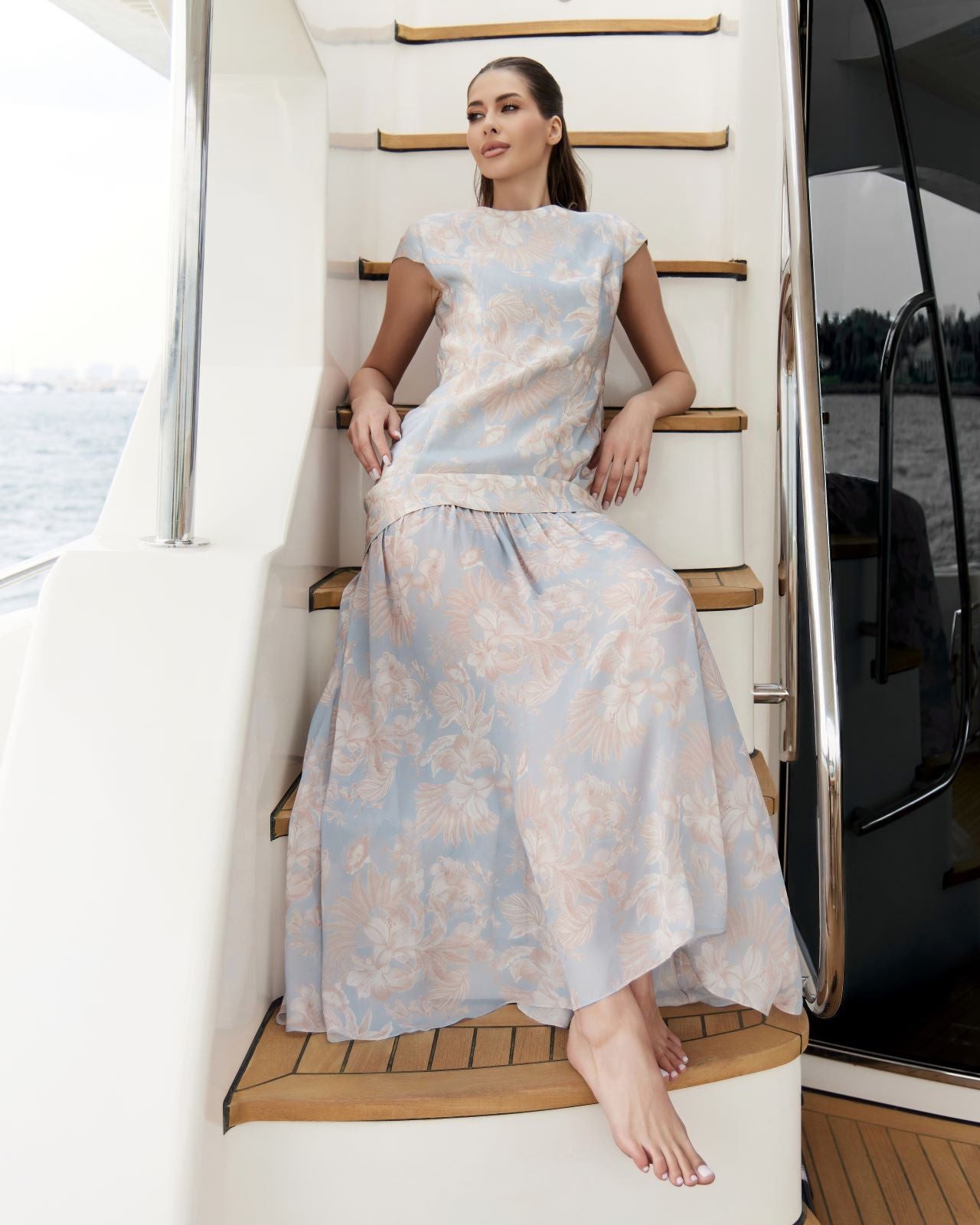 Light Blue Silk Blend Floral Print Drop Waist Maxi Dress Light Blue Silk Blend Floral Print Drop Waist Maxi Dress — Drop Waist Dresses