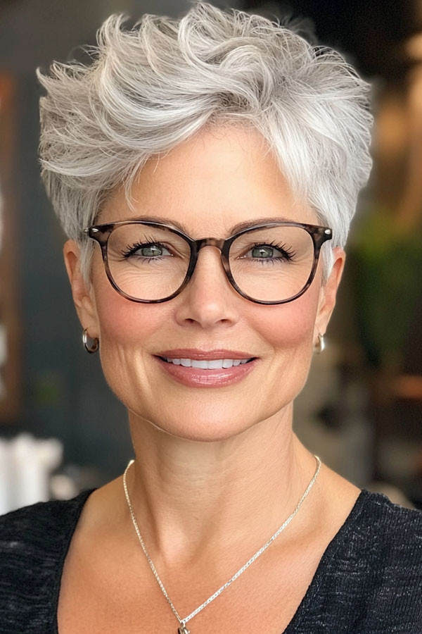 Tousled Silver Pixie With Textured Bangs Tousled Silver Pixie With Textured Bangs — Pixie with Glasses