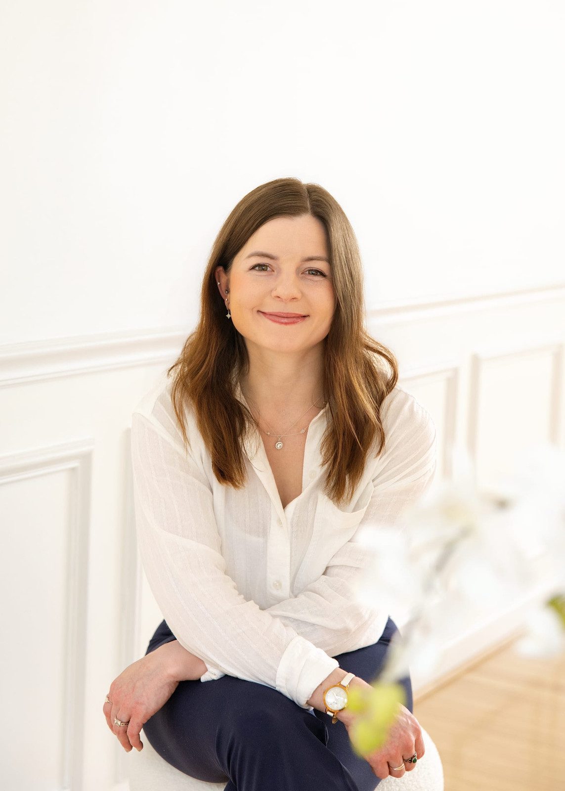 Clean and Classic: White Textured Shirt with Navy Trousers — Therapist Outfits