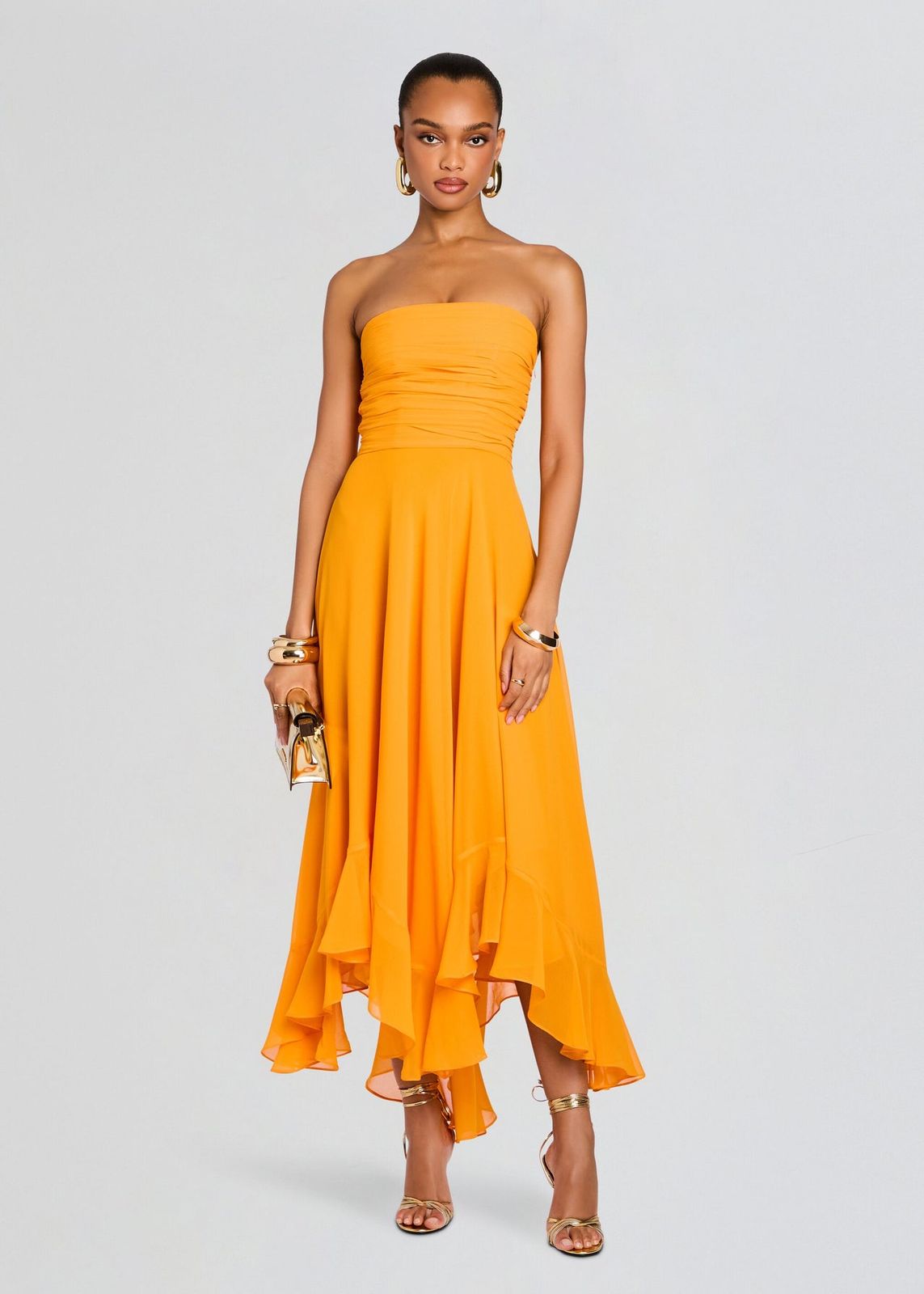 Orange Strapless Chiffon Midi Dress with Asymmetrical Hem — Chiffon Dresses