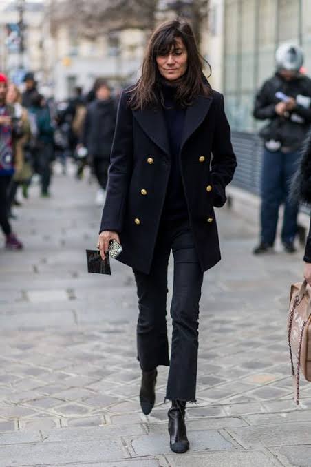 Navy Coat Over Black Separates — Monochrome Outfits