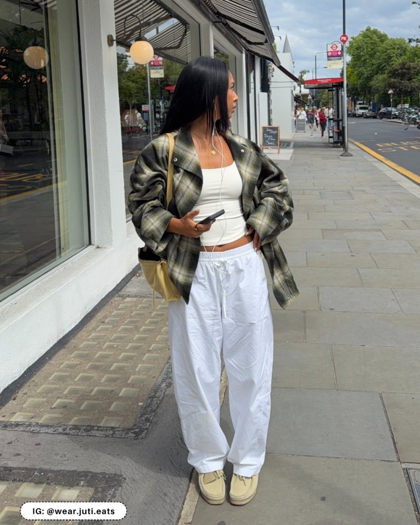 Oversized Green Plaid Flannel Jacket with White Wide-Leg Pants — Flannel Outfits