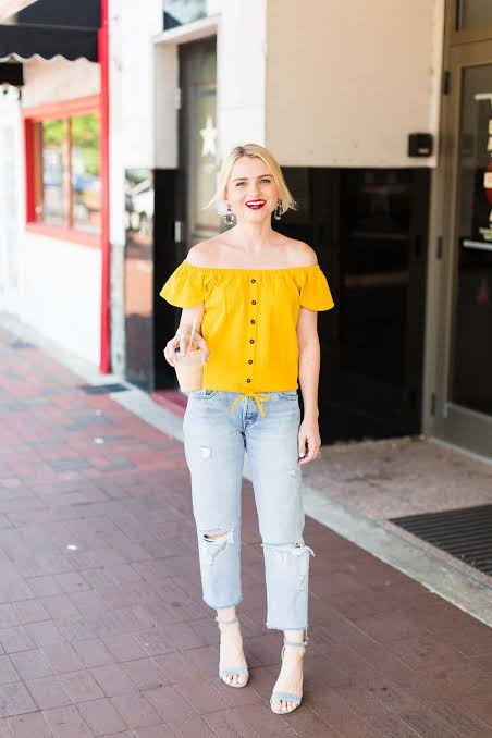 Vibrant Day Out: Yellow Button-Front Top with Boyfriend Jeans — Off the Shoulder Top Outfits