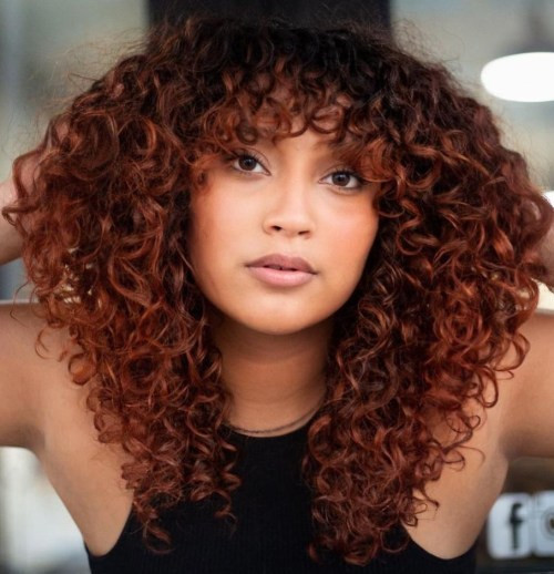 Collarbone Red Brown Shag With Curtain Bangs — Red Curly Hair