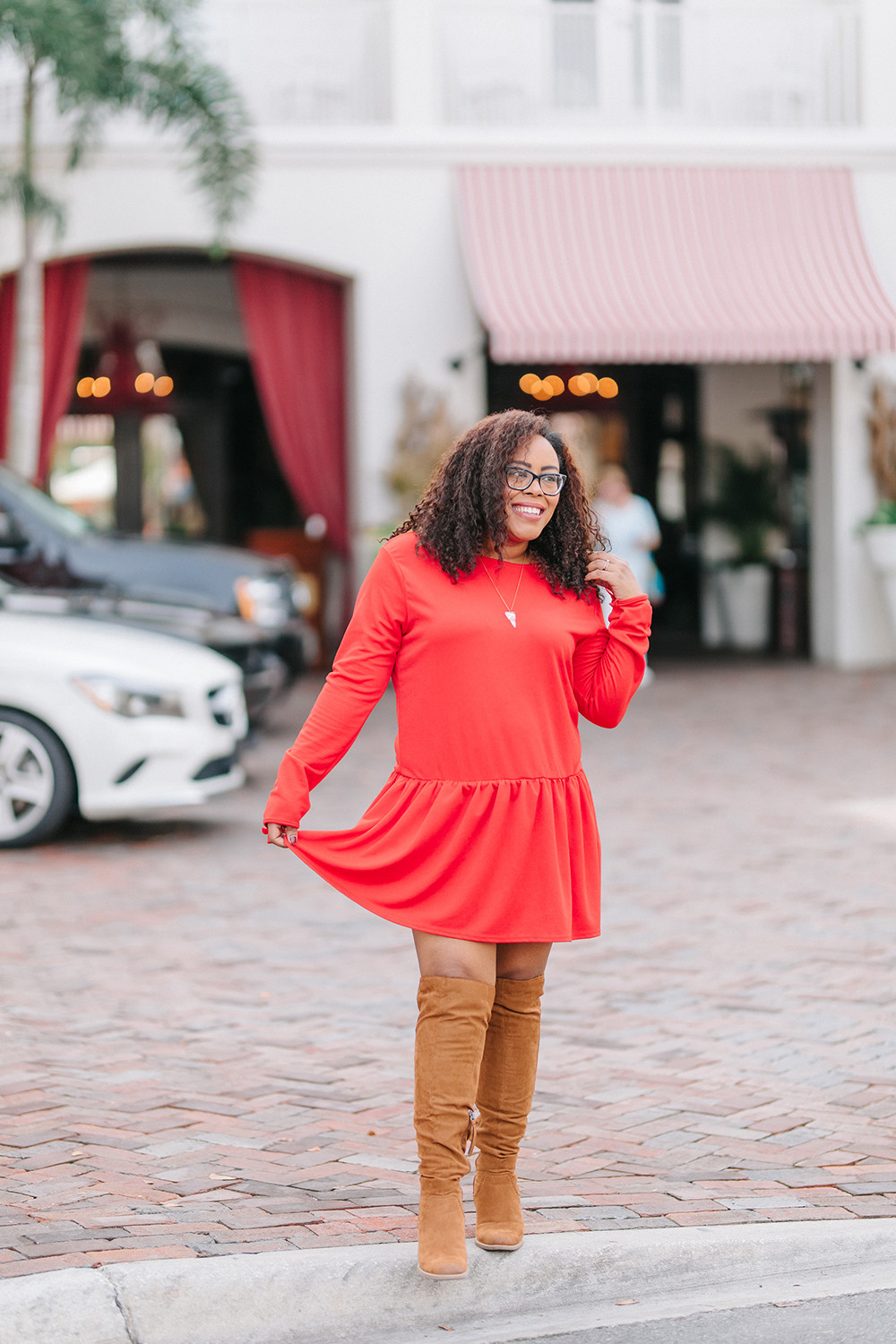 Bold Red Mini Dress with Over-the-Knee Boots — Orlando Outfits