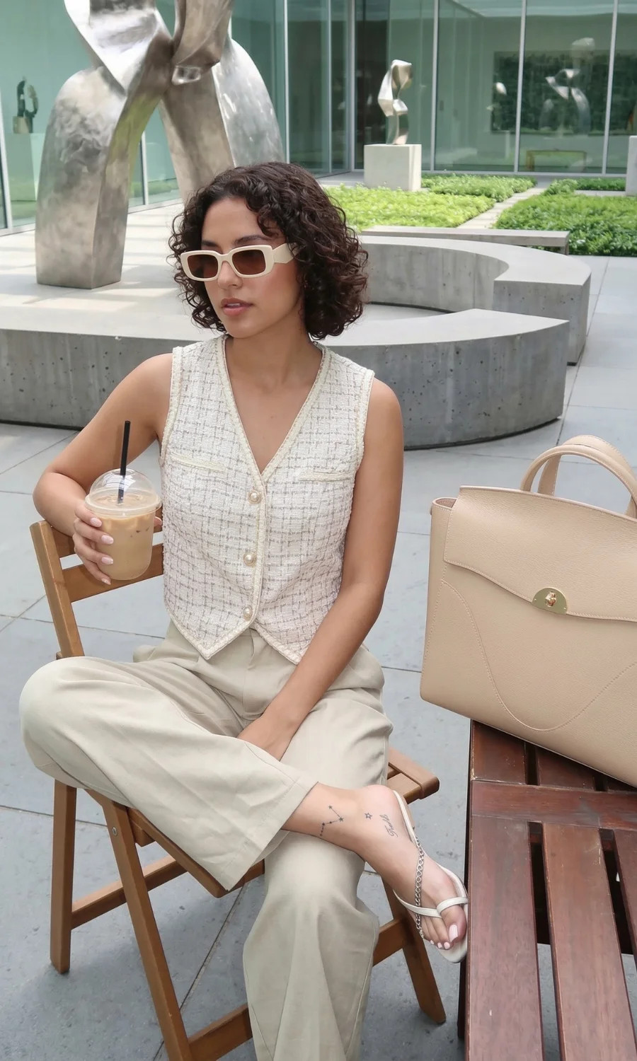 Cream Tweed Vest and Beige Trousers with Cream Rectangle Sunglasses Cream Tweed Vest and Beige Trousers with Cream Rectangle Sunglasses — Rectangle Sunglasses Outfits