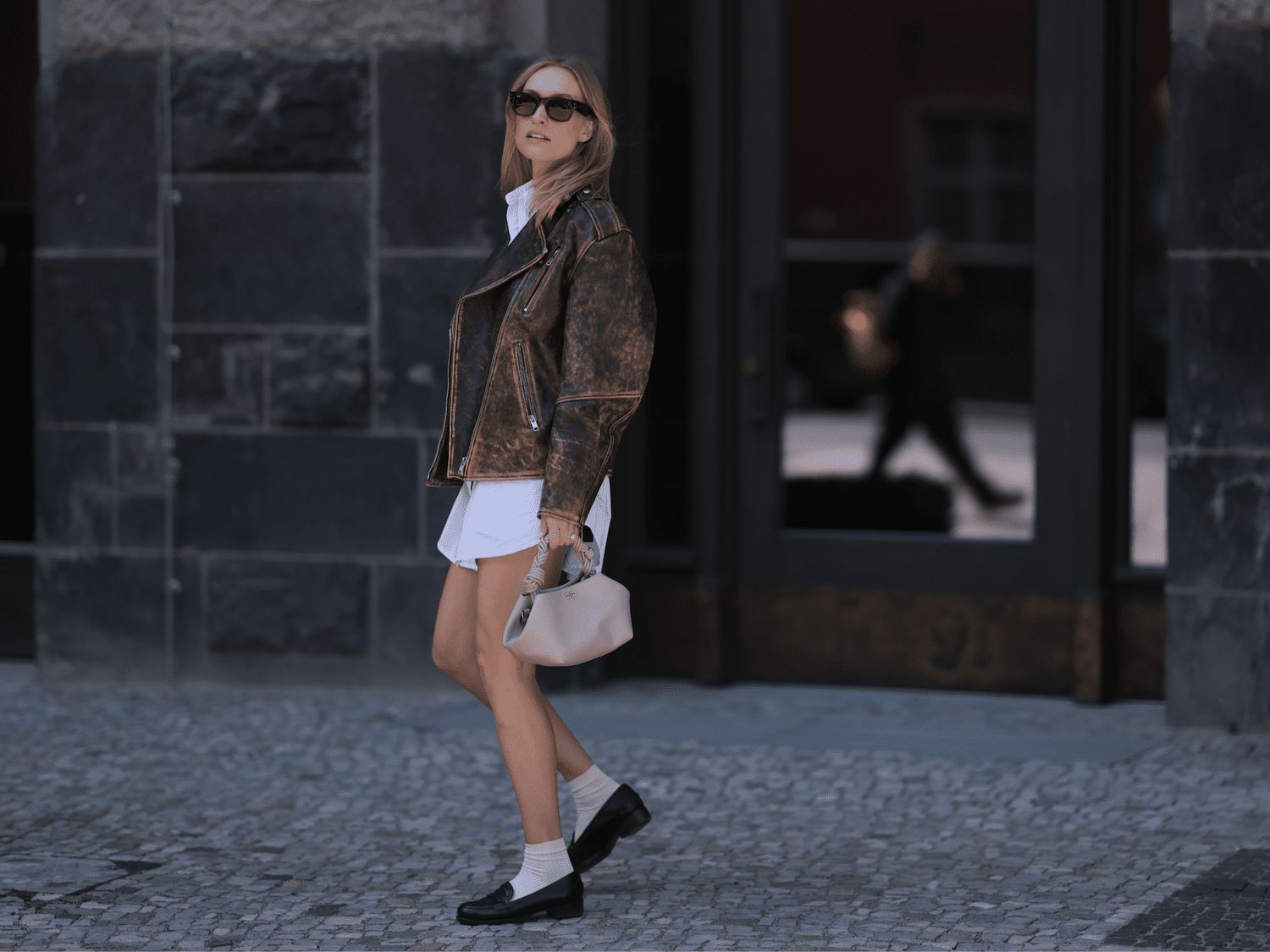 Distressed Leather Jacket and Shirt Dress with Black Loafers — Penny Loafers Outfits