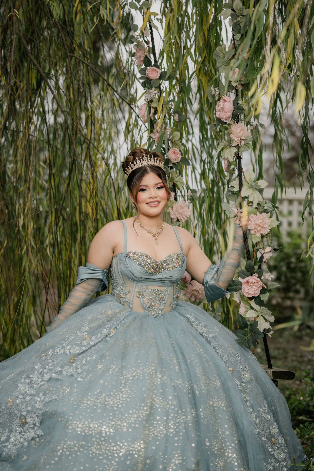 Dusty Blue Off-the-Shoulder Gown with Detachable Sleeves Dusty Blue Off-the-Shoulder Gown with Detachable Sleeves — Quinceanera Dresses