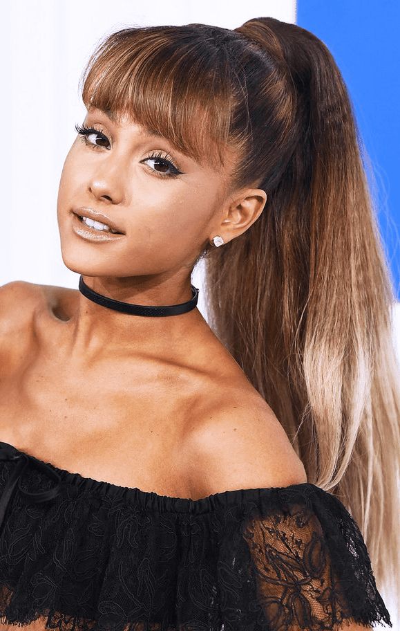 Medium Brown High Ponytail with Blunt Bangs — Ponytail with Bangs