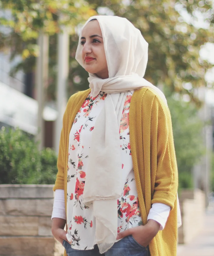 Layered Florals and Yellow Cardigan for Work — Hijab Work Outfits