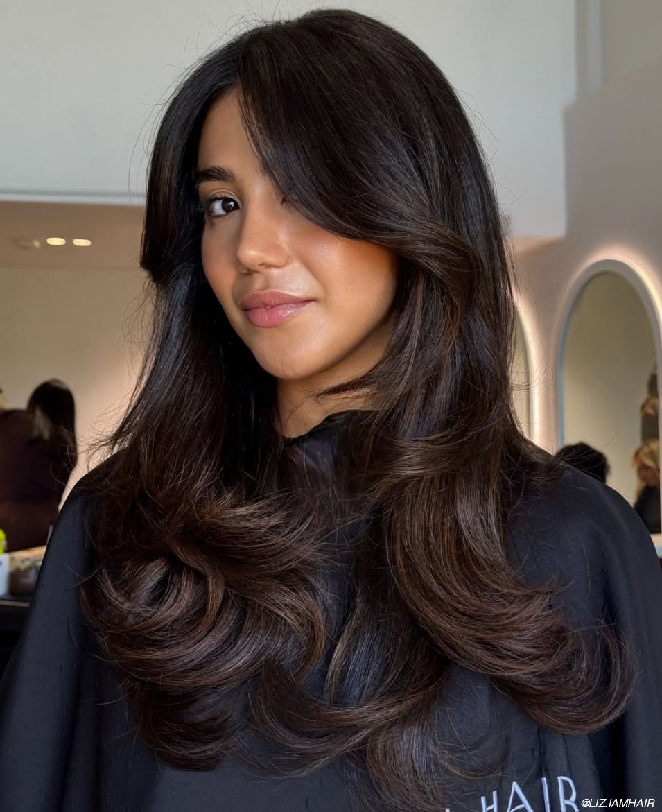 Dark Brown With Subtle Highlights and Curtain Bangs Dark Brown With Subtle Highlights and Curtain Bangs — Low Maintenance Hair Color