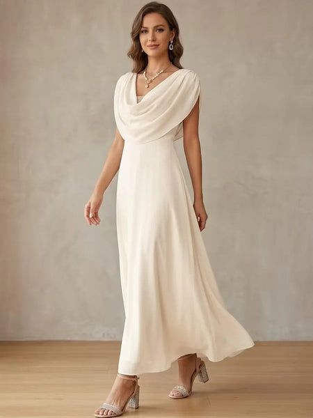 Cream Cowl Neck Midi Dress with Flowing Silhouette — Rehearsal Dinner Dresses