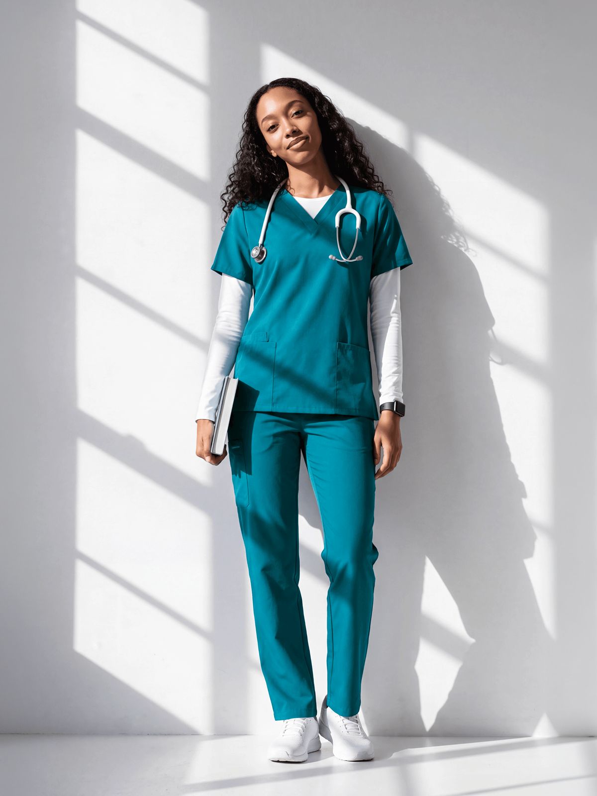 Teal Scrubs Layered Over a White Long-Sleeve Shirt Teal Scrubs Layered Over a White Long-Sleeve Shirt — Scrubs Outfits