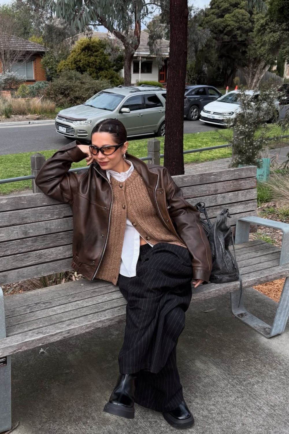 Layered Brown Leather Jacket with Shirt and Pinstripe Trousers — Leather Jacket Outfits