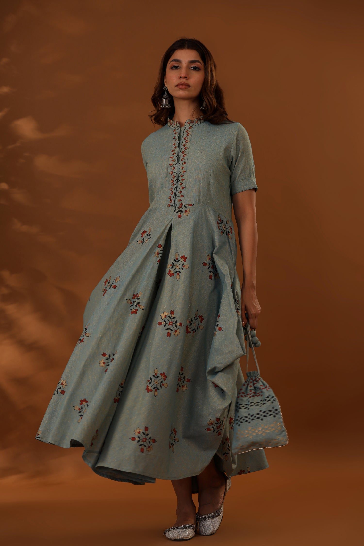 Embroidered Elegance: Blue Cotton Dress with Floral Detail Embroidered Elegance: Blue Cotton Dress with Floral Detail — Chola Outfits