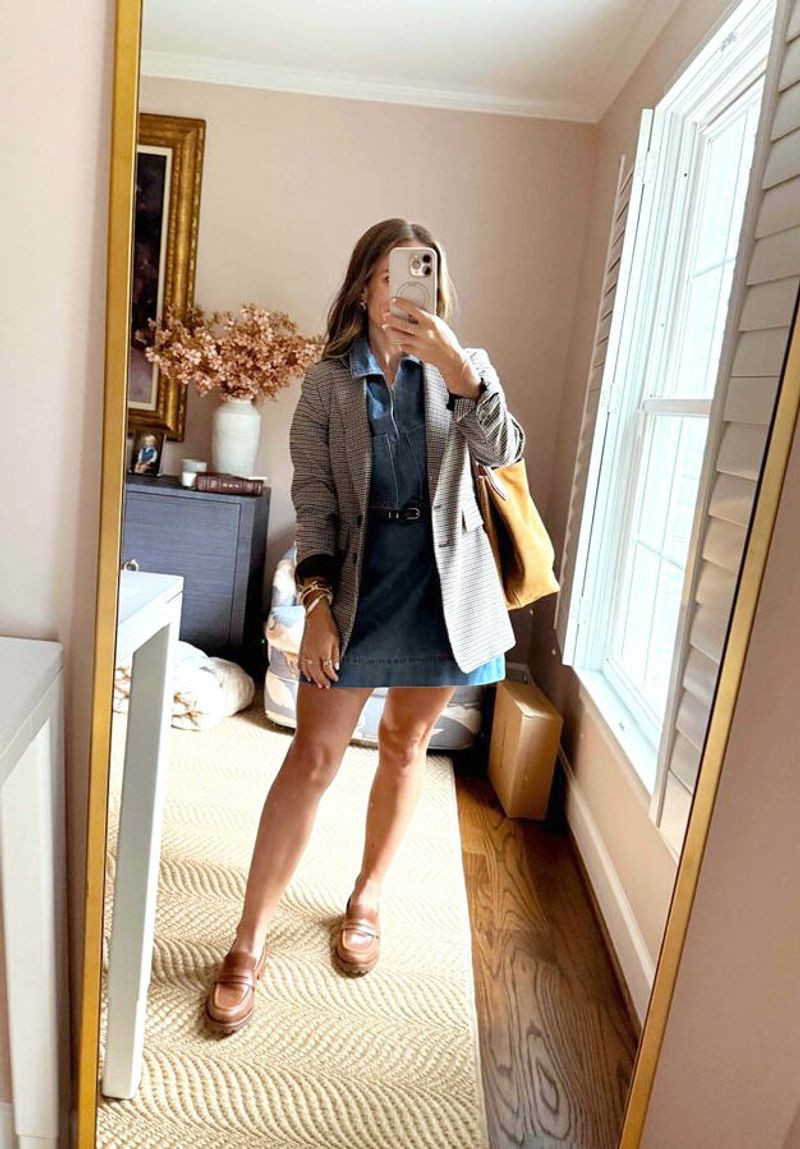 Classic Plaid Blazer Layered Over a Denim Dress with Brown Loafers Classic Plaid Blazer Layered Over a Denim Dress with Brown Loafers — Teacher Conference Outfits