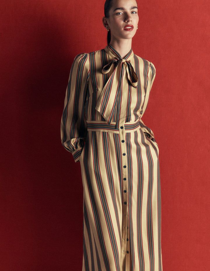Casual Midi Dress with Pussy-Bow Neckline Casual Midi Dress with Pussy-Bow Neckline — Striped Dresses