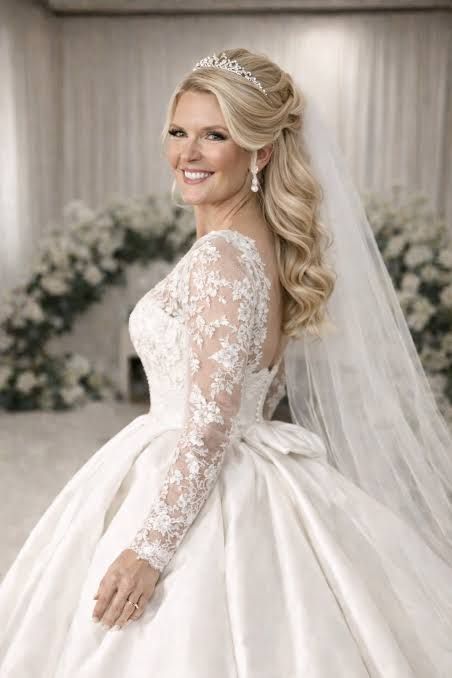 Shoulder-Length Half-Up with Soft Curls and Side-Swept Bangs — Wedding Hairstyles with Tiara