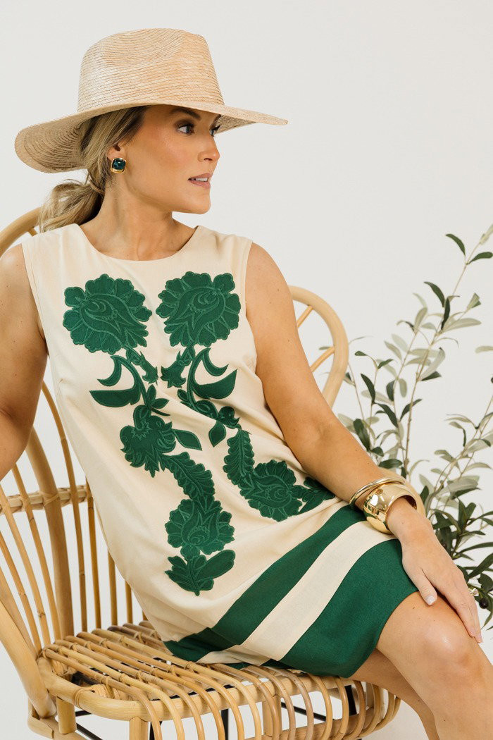 Embroidered Ecru Shift Dress with Floral Motifs — Shift Dresses