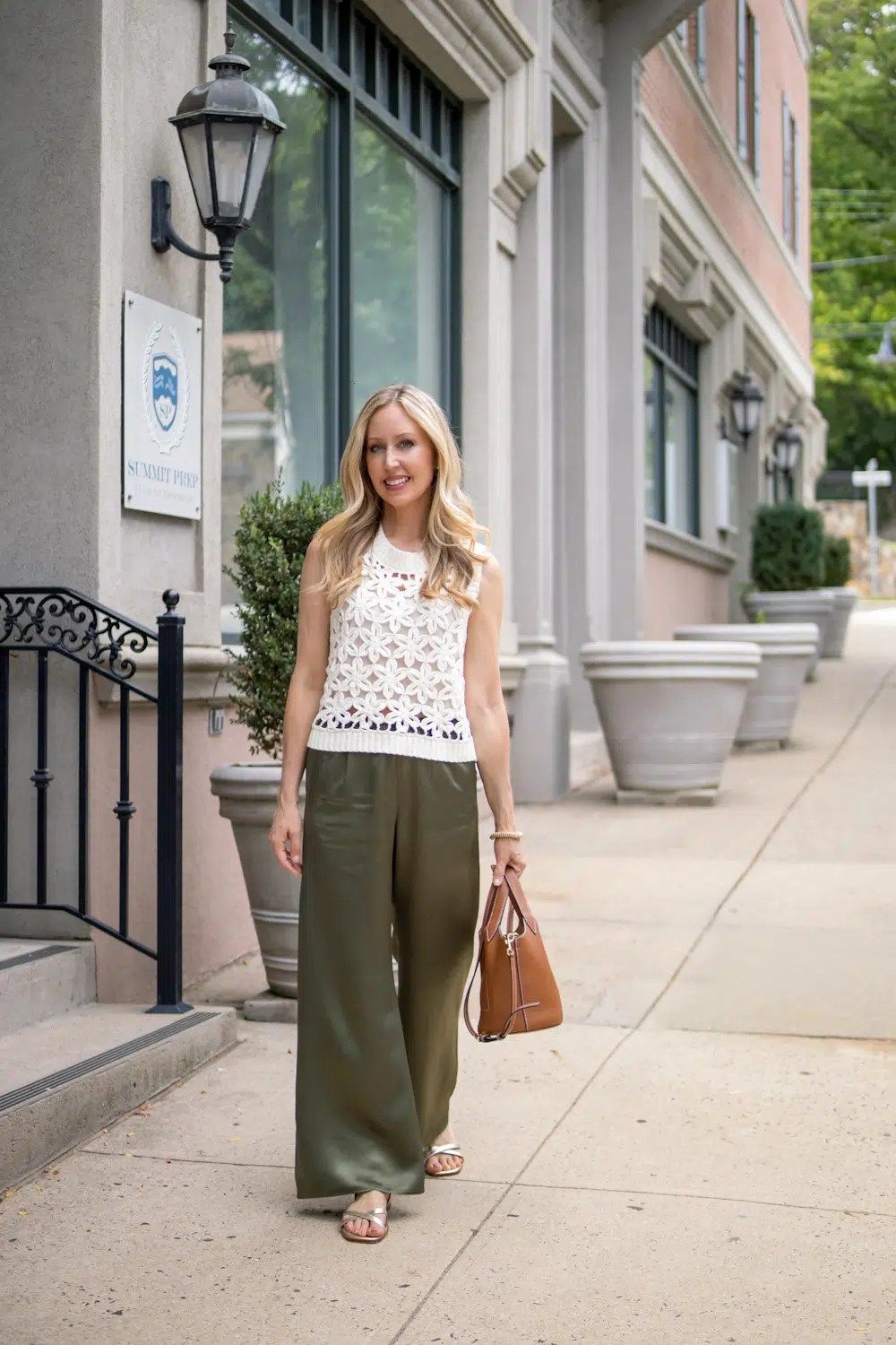 Olive Green Satin Trousers with White Crochet Top — Satin Top Outfits