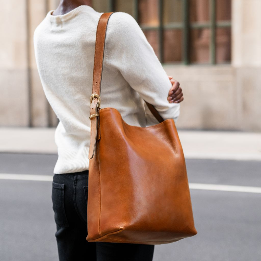 Minimalist Appeal: Tan Leather Bucket Bag with Knit and Denim — Bucket Bag Outfits