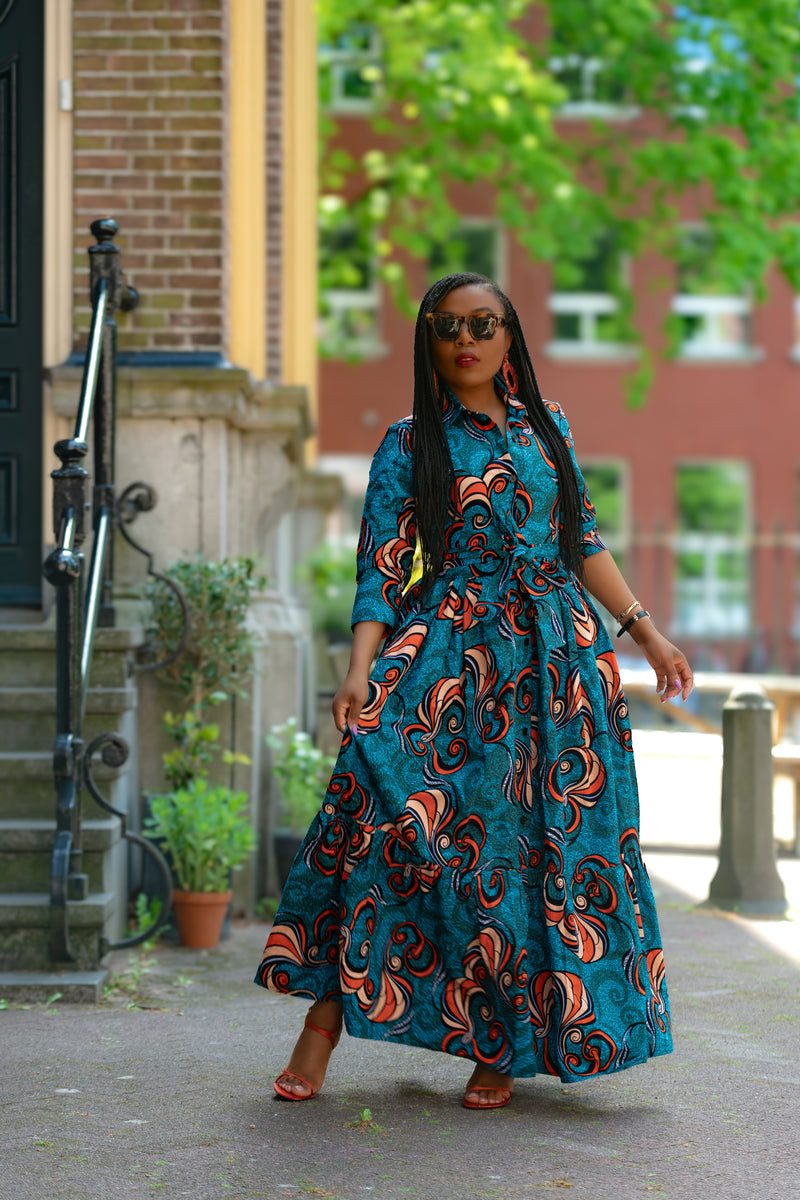 Belted Teal Ankara Midi Dress for Casual Outings Belted Teal Ankara Midi Dress for Casual Outings — Ankara Outfits