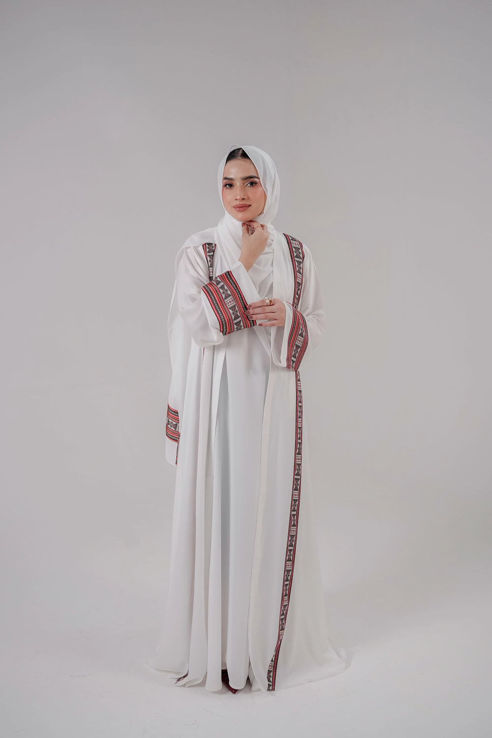 White Open Abaya with Red, Black, and Grey Embroidered Trim — Abaya Outfits