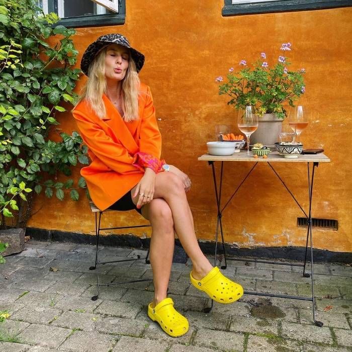 Bold Color Blocking: Yellow Crocs with Orange Blazer — Crocs Outfits