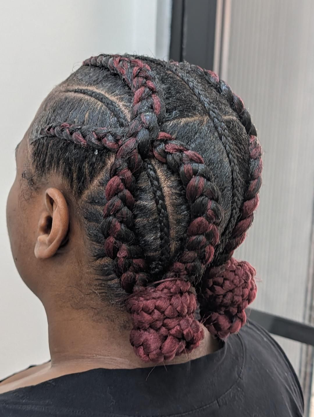Black Braids with Burgundy Highlights and Buns — Burgundy Braids