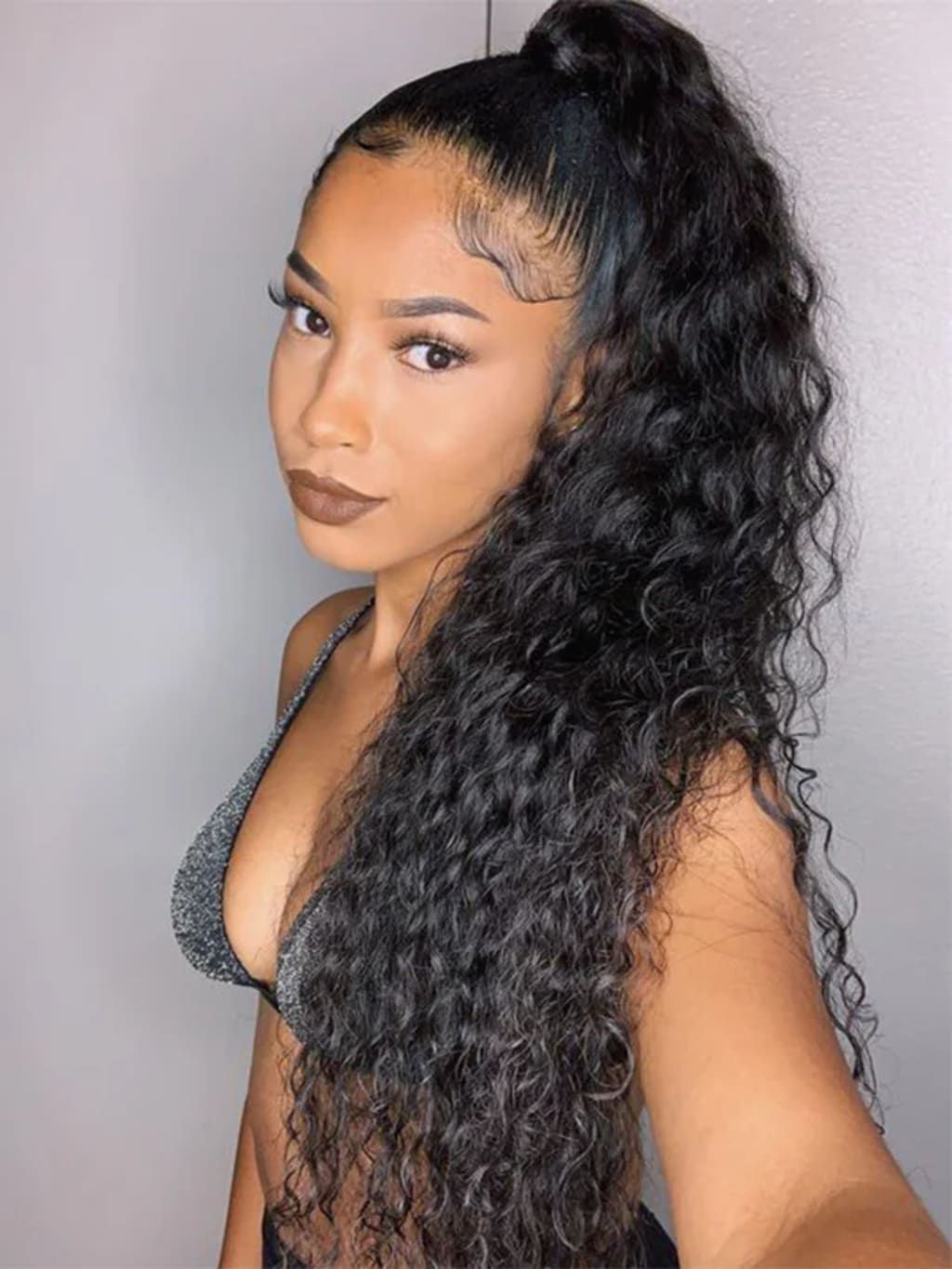 Sleek Black Front, Voluminous Wave Tail Sleek Black Front, Voluminous Wave Tail — Curly High Ponytail
