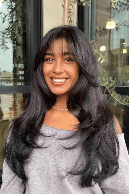 Grey Long-Sleeve Top with Face-Framing Dark Wispy Bangs