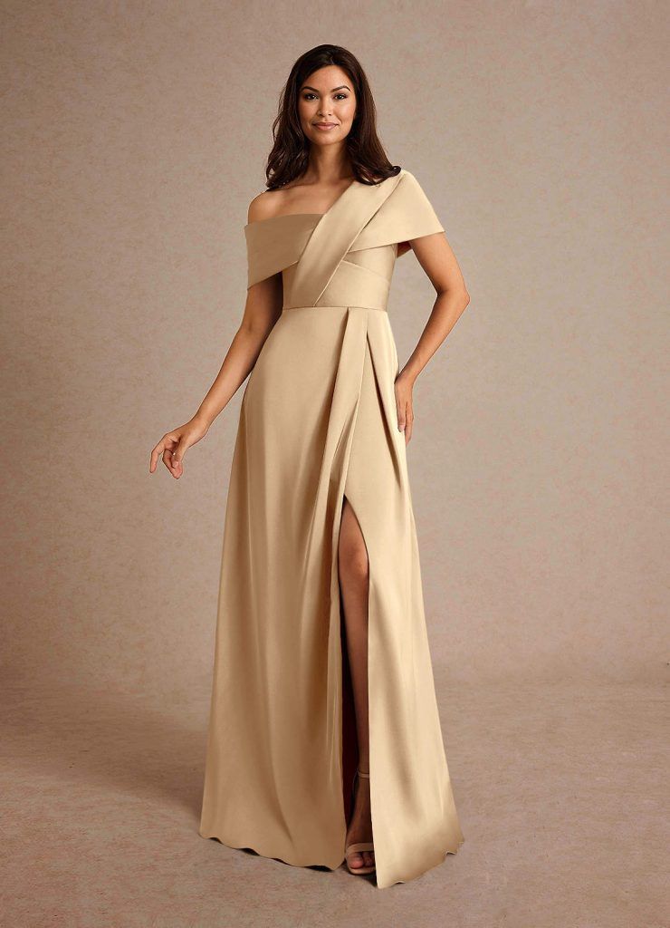 Champagne Satin One-Shoulder A-line Dress with Draped Neckline Champagne Satin One-Shoulder A-line Dress with Draped Neckline — Mother of the Bride Dresses