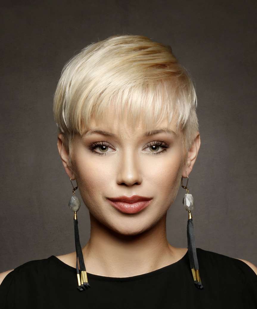 Ash Blonde Pixie With Layered Side Bangs Ash Blonde Pixie With Layered Side Bangs — Short Hair with Bangs